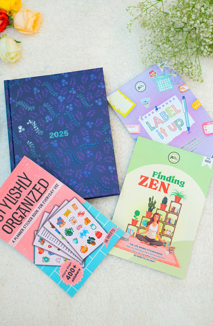 2025 Hardbound Planner + (Stylishly Organized + Finding Zen + Label It Up) Sticker Book