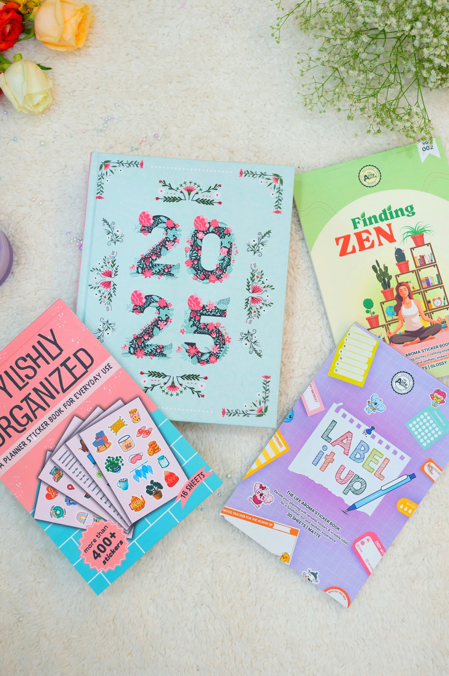 2025 Hardbound Planner + (Stylishly Organized + Finding Zen + Label It Up) Sticker Book