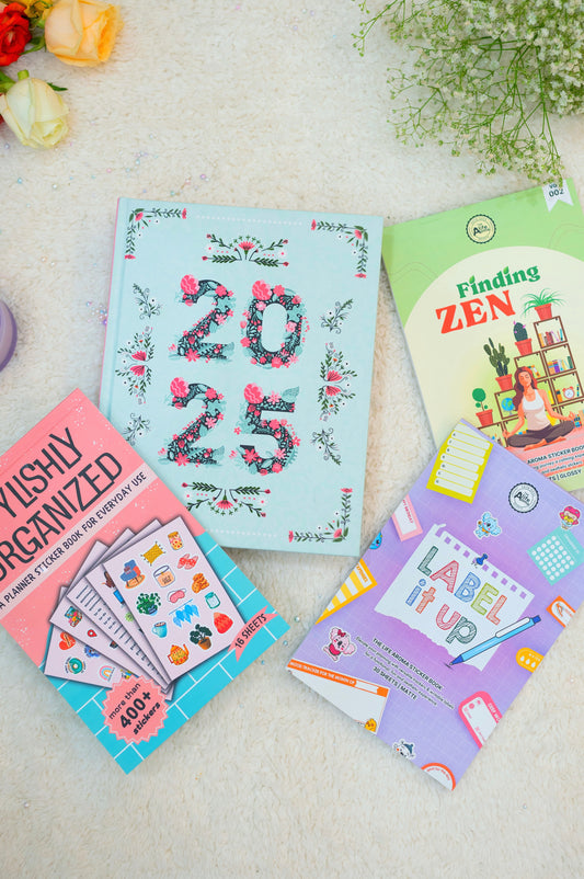 2025 Hardbound Planner + (Stylishly Organized + Finding Zen + Label It Up) Sticker Book